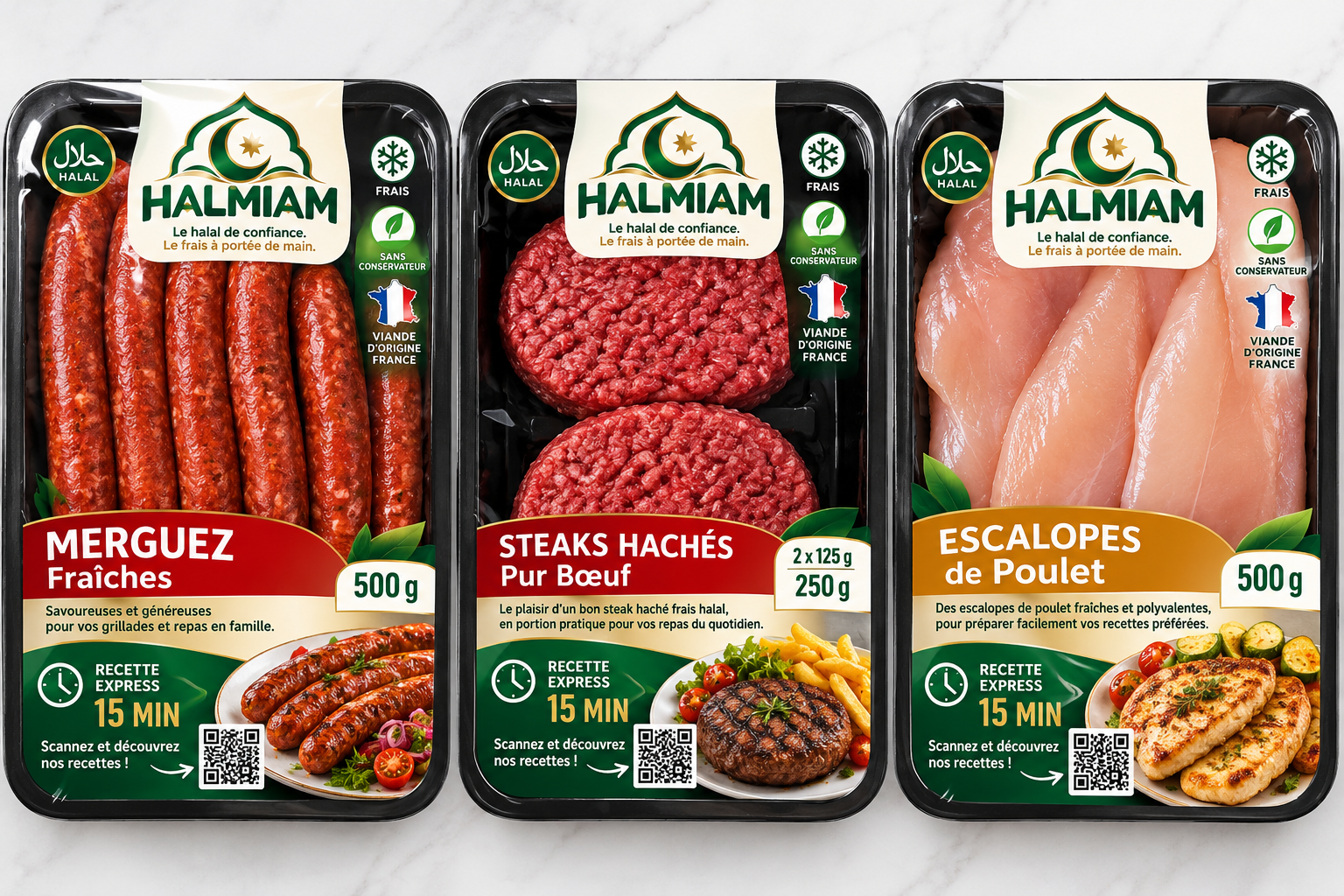 Les trois barquettes HALMIAM : merguez, steaks hachés et escalopes de poulet